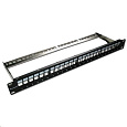 XtendLan Patch panel 19", 24 portů, neosazený, stíněný, černý, Cat5e/6/6A/7, odnimatelný vyvazovák