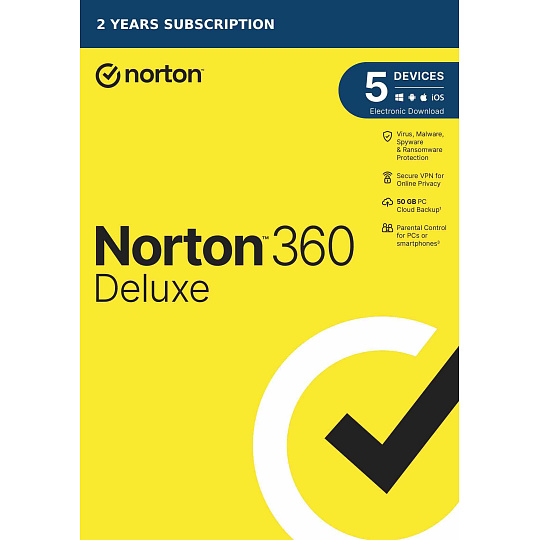 NORTON 360 DELUXE 50GB +VPN 1 uživatel pro 5 zařízení na 2 roky - ESD 1+1 (50%)