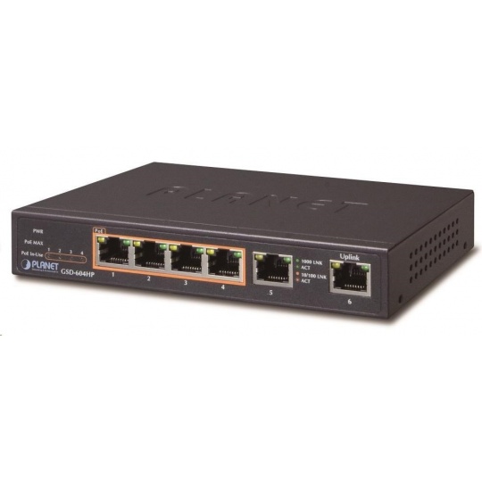 Planet GSD-604HP Switch, 55W, ext.zdroj, kov, fanless