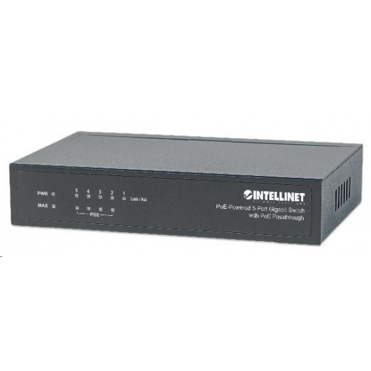 Intellinet 5-Port gigabit PoE+ Switch, 4x PoE port, 68W PoE budget, možnost napájet přes port 1 (PoE PD)