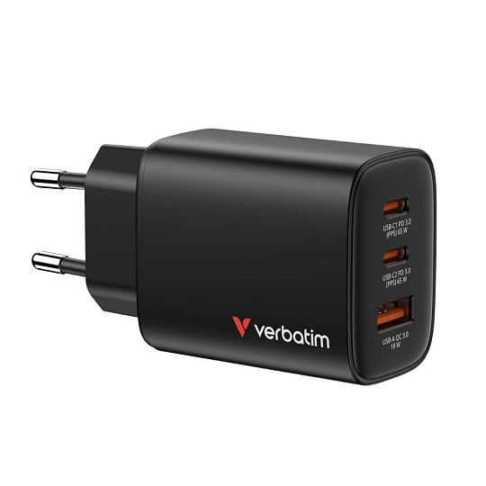 VERBATIM GaN Nabíječka Essentials 65W, 2xUSB-C, 1xUSB-A, černá VERBATIM GaN Nabíječka Essentials 65W, 2xUSB-C, 1xUSB-A, černá