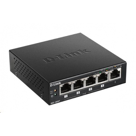 D-Link DGS-1005P 5-port Gigabit Desktop PoE+ Switch, 4 porty jsou PoE+, PoE budget 60W