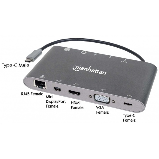 MANHATTAN Dokovací stanice USB-C na HDMI, Mini DP, VGA, 3xUSB 3.0, USB-C PD port, RJ 45, Card Reader, 3,5 mm