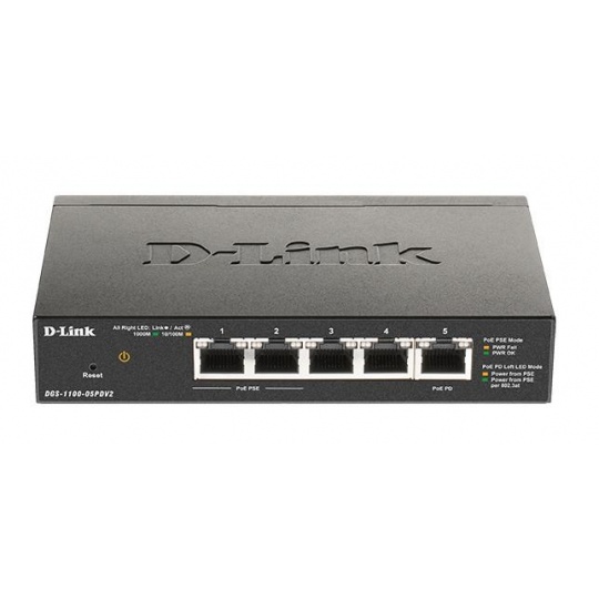 D-Link DGS-1100-05PDV2 5-Port Gigabit PoE Smart Switch, bez zdroje - napájen přes PoE, 2 PoE porty