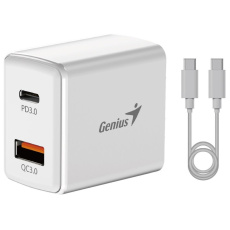 GENIUS nabíjecí set PD-20ACP, 20W, rychlé nabíjení, USB-C PD3.0, USB-A QC3.0, 1m kabel USB-C USB-C, bílá